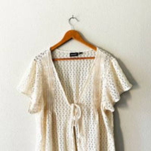 Avenue cream lace loose knit cardigan short sleeve tied pleated 26 / 28